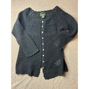 Eddie Bauer Black Crochet Open Knit Cardigan Small Boho Festival Y2K